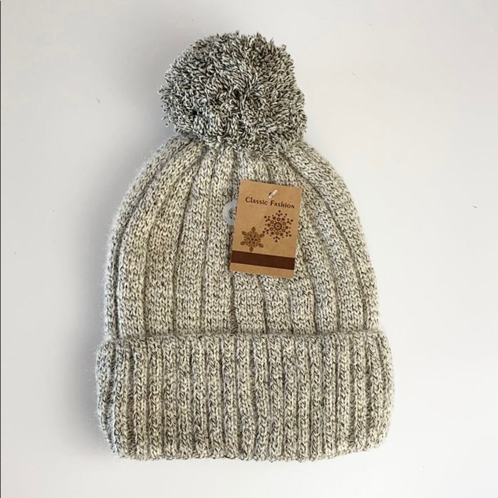 New Classic Fashion Women Heather Gray Knit Pompom Cuffed Winter Beanie Hat OS
